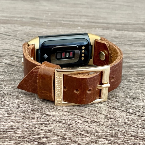 Brown Grain Leather Gold Jewelry Fitbit Charge 5 Band Women Strap Bracelet - Picture 7 of 8